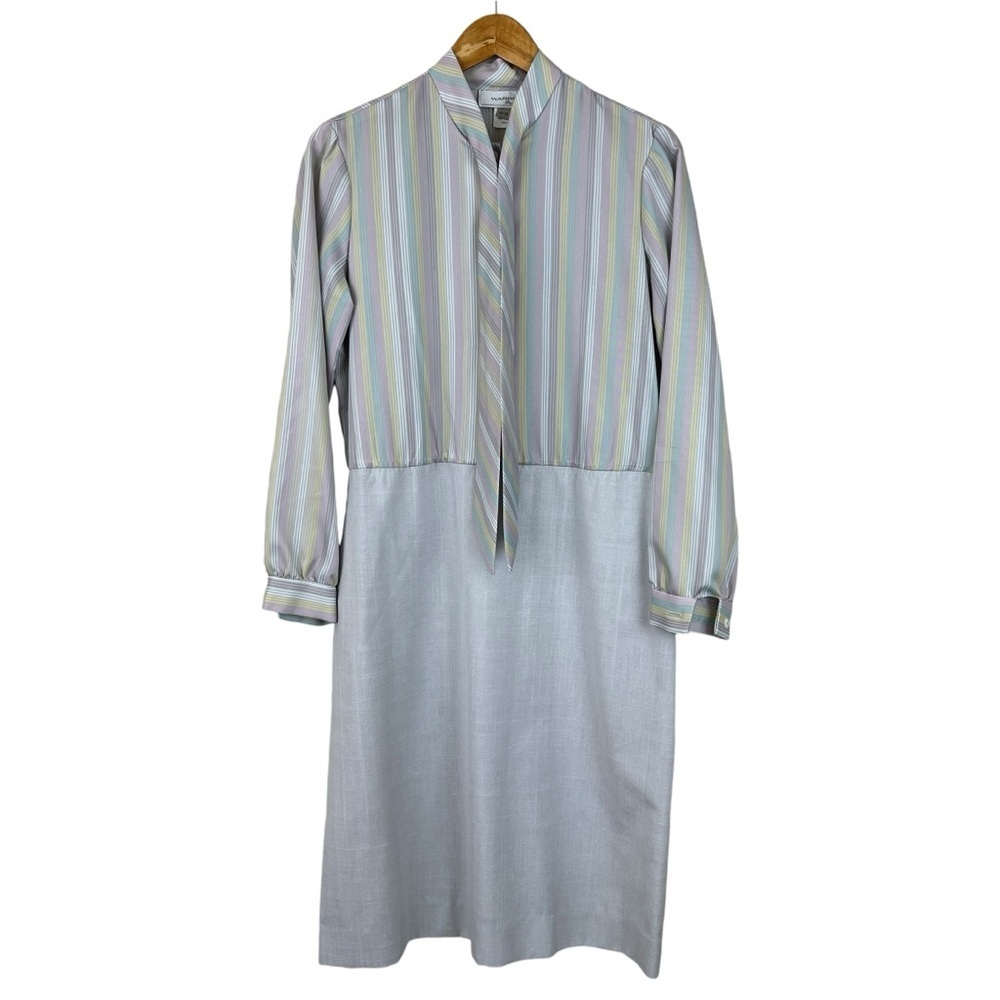 Vintage Warren Petites Light Gray Dress w/Stripped Top & Coat Womens 14 Petite